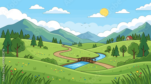 A serene landscape scene with a bridge crossing a river in a green valley under a sunny sky with mountains.