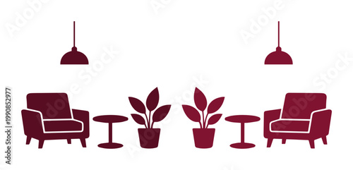 Minimalist lounge interior vector icons, burgundy furniture silhouettes with armchairs and side tables, modern living room decor elements for floor plans