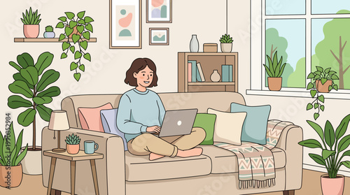 Happy woman works on laptop from cozy sofa at home. Comfortable interior with plants for remote work, freelance, or leisure concepts. Vector illustration.