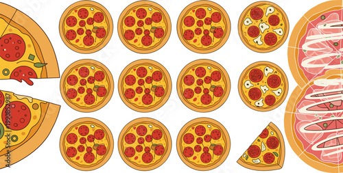 Pizza Collection with Whole and Sliced Variations, Seamless Pattern Elements, Italian Fast Food Set with Cheese, Pepperoni, and Toppings Flat Vector Illustration