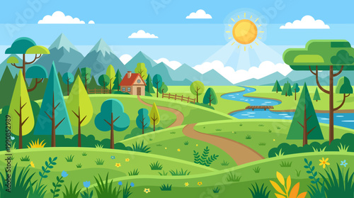 A serene landscape scene with trees, mountains, and a sunny sky overlooking a winding path through a green valley