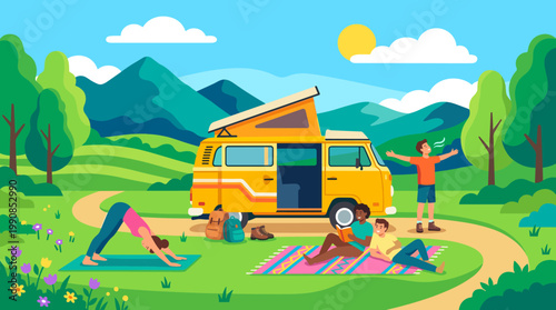 Happy friends on a summer camping trip with a van. People relax, read, and do yoga in a mountain landscape. Vector concept for a healthy lifestyle.