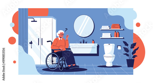 Concerned elderly woman sitting in a wheelchair in a modern accessible bathroom while looking confused and lost in thought.