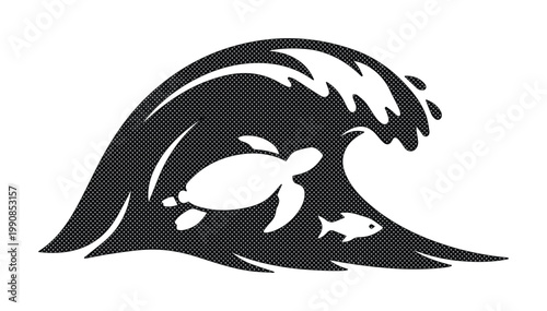 Stylized ocean wave silhouette with sea turtle and fish, black and white marine life vector icon, minimalist surfing and nature conservation logo