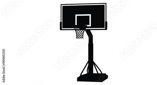 A black silhouette of a basketball hoop and backboard against white