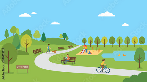 People enjoy outdoor leisure activities in a sunny park with trees and a pond