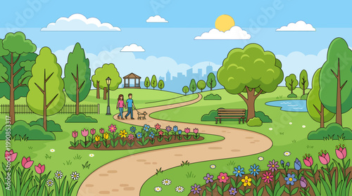 People walk on a winding path through a vibrant park with trees and flowers on a sunny day.