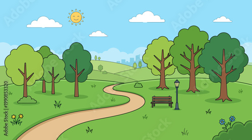 People walk along a serene park path surrounded by trees and green grass under sunny skies.