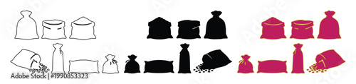 Burlap sack vector icons set, agricultural flour and grain bags in outline and silhouette styles, 21 textile pouch elements for farming and food packaging