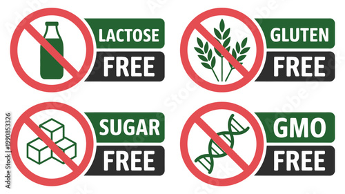 Four “free from” icons, lactose gluten sugar and GMO free labels, food product dietary restriction symbols