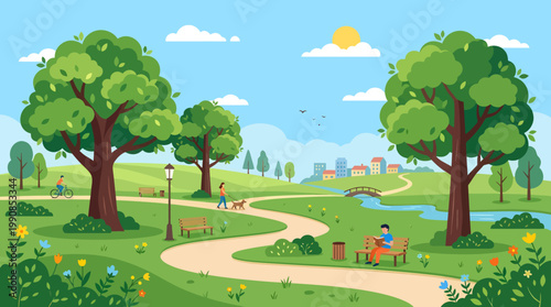 People relax on a winding path through a park with trees and flowers on a sunny day