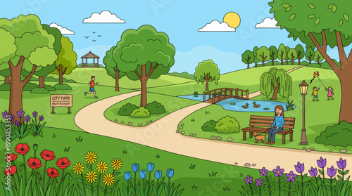 People relax on a bench near a serene pond in a lush park with trees and vibrant flowers.