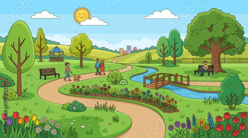 People walk along a winding path in a park with trees and flowers on a sunny day.