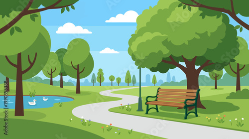 People walk on a winding path through trees and a serene lake in a sunny park landscape.