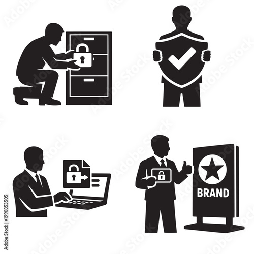 Four business silhouette icons showing file cabinet lock shield protection laptop security and brand identity safeguarding in simple black design