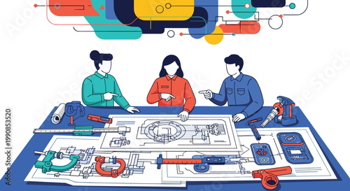 Team of three engineers in colorful shirts discussing and analyzing technical blueprints on a large work table in a modern studio.