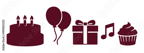 Minimalist birthday party icon set, maroon celebration vector elements, birthday cake with candles and balloons, gift box and cupcake symbols