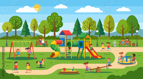 Children play on a colorful playground equipment in a sunny park with trees and swings.