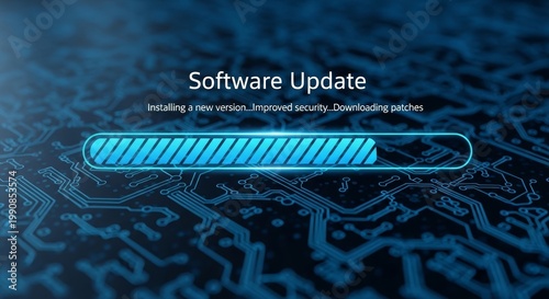 Digital system upgrade in progress, featuring a glowing blue loading bar against a technological circuit board background, enhancing security and ensuring optimal functionality