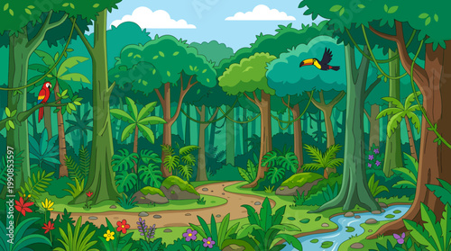 A serene jungle scene with a winding path through tall trees and lush greenery near a stream.