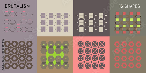 Geometric patterns and brutalist aesthetics displayed in a colorful grid arrangement