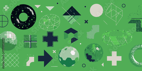 Abstract geometric shapes in shades of green and dark blue