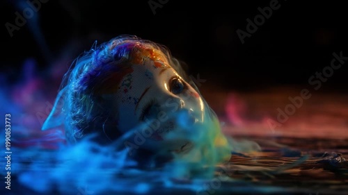 A doll's face with colorful hair emerges from glowing smoke against a dark background, a haunting scene