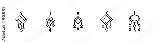 Hanging jewelry ornaments line icons set diamond shape earring ethnic decorative jumka traditional tassel pendant crystal bead charm & more vector illustration with editable stroke.