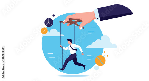 Metaphorical illustration of a giant hand using strings to control a businessman running like a puppet on a blue background.