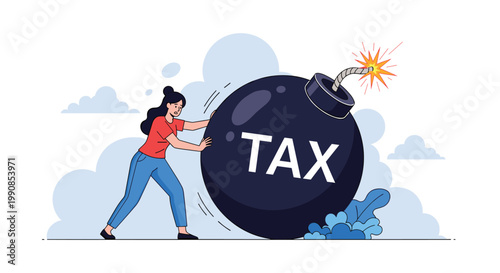 Stressed woman struggling to push a giant black bomb labeled tax with a burning fuse representing financial burden and risk.