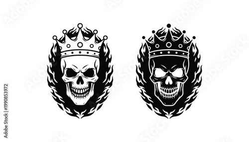 Skull with crown and fire flames icon set in bold line art and solid black silhouette styles for dark aesthetic and edgy branding concepts isolated on a white background for creative design projects