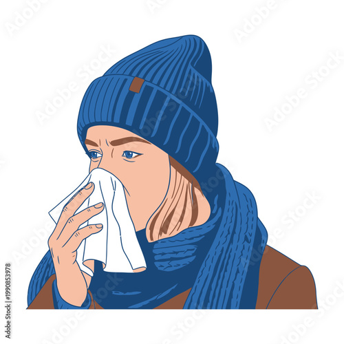 Woman blowing nose in winter clothes
