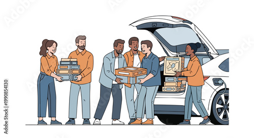 Diverse group of volunteers loading donation boxes into an electric car trunk, illustrating community support and charitable giving.