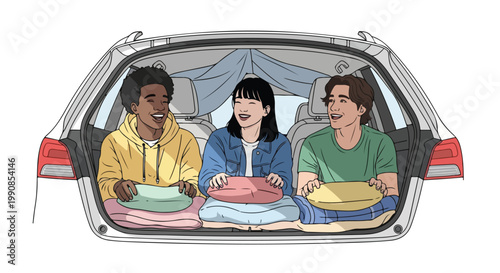 Happy diverse friends enjoying a car camping adventure in the open trunk of a white car, smiling and relaxing on pillows. Youthful road trip fun.