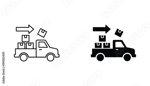 Delivery truck carrying cardboard boxes icon set showing logistics and transport or shipping service in both outline and solid black graphic style for e-commerce and supply chain and freight