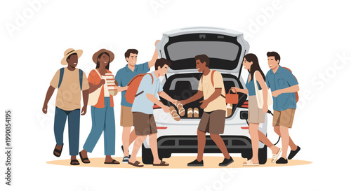 Diverse group of friends packing a car for a road trip, enjoying summer vacation and outdoor adventures together