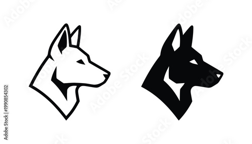 German shepherd dog head profile icon set showing canine breed or pet silhouette in both outline and solid black graphic style for animal rescue services and veterinary care and pet shop branding