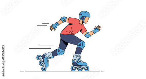 Active young man wearing a helmet and protective gear rollerblading at high speed on a flat surface in a minimalist style.