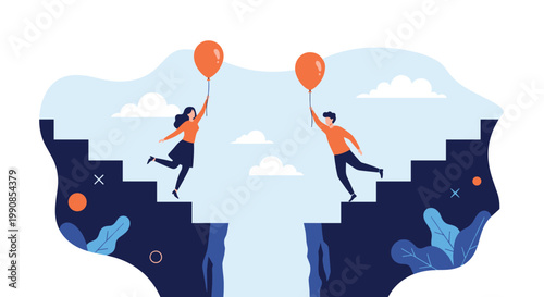 Brave man and woman using balloons to jump over a dangerous gap between stairs to represent overcoming challenges and achieving goals.