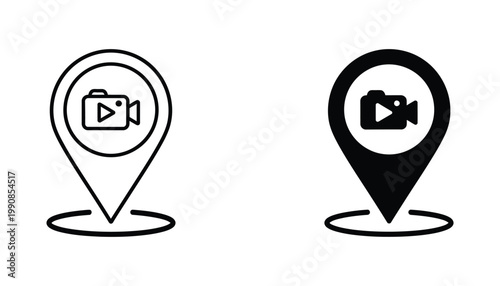 Video camera inside a location pin symbol vector icon set in outline and solid black styles for cinematography mapping and location based video content streaming platforms