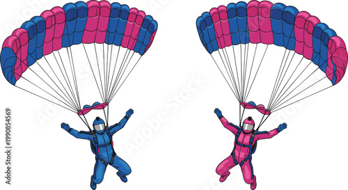 Two skydivers in blue and pink professional flight suits descending with open parachutes against.