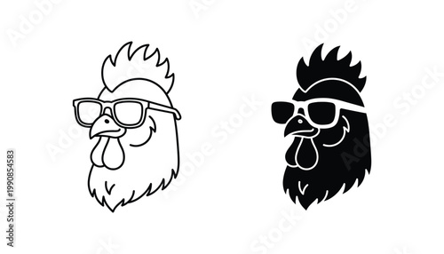 Cool rooster head wearing sunglasses vector icon set in outline and solid black styles for poultry farm branding or creative mascot design applications