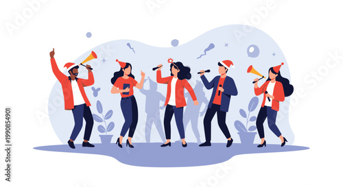Group of friends wearing red outfits and Santa hats dancing and singing with microphones at a festive office Christmas party celebration.