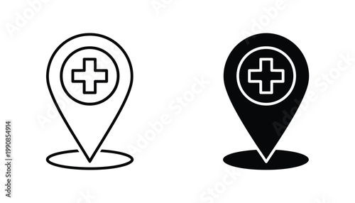 Medical location pin icon with cross symbol in outline and solid black style for hospital mapping