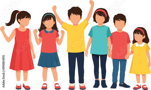 Diverse group of happy children standing together, multicultural kids character set, cheerful young students in colorful clothing, flat vector illustration