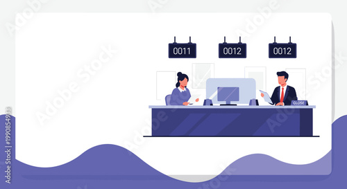 Bank tellers working behind a service counter with queue numbers and protective screens to assist customers in a modern environment.