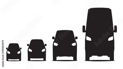 Set of vehicle front silhouettes including compact cars suv and large delivery van for transport size comparison planning.