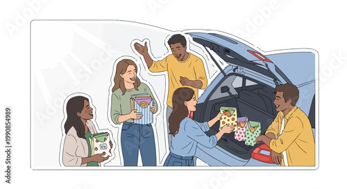 Diverse group of friends and family loading groceries into a car trunk, symbolizing community and shared responsibility.