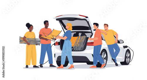 Diverse group of friends loading camping gear into an electric car, preparing for an outdoor adventure.
