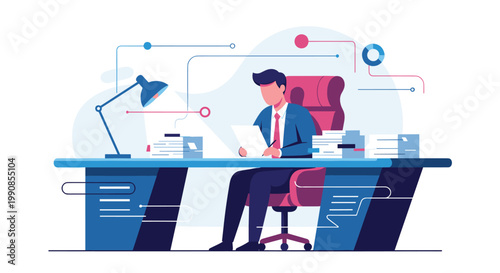 Focused businessman sitting at a large desk and working on documents surrounded by abstract data symbols and a lamp in a modern office.